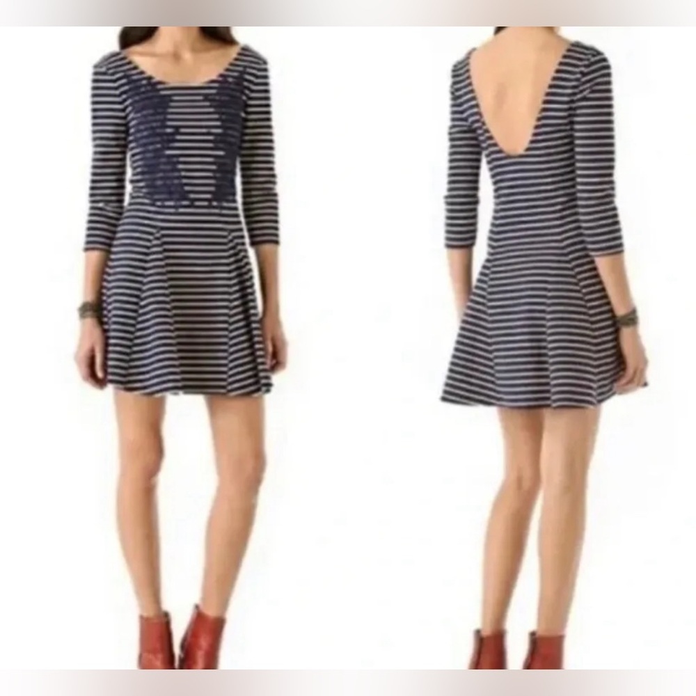 Free People Navy Peachy Cream Striped Lace Appliqué Open Back Mini Dress Size S - Picture 2 of 12